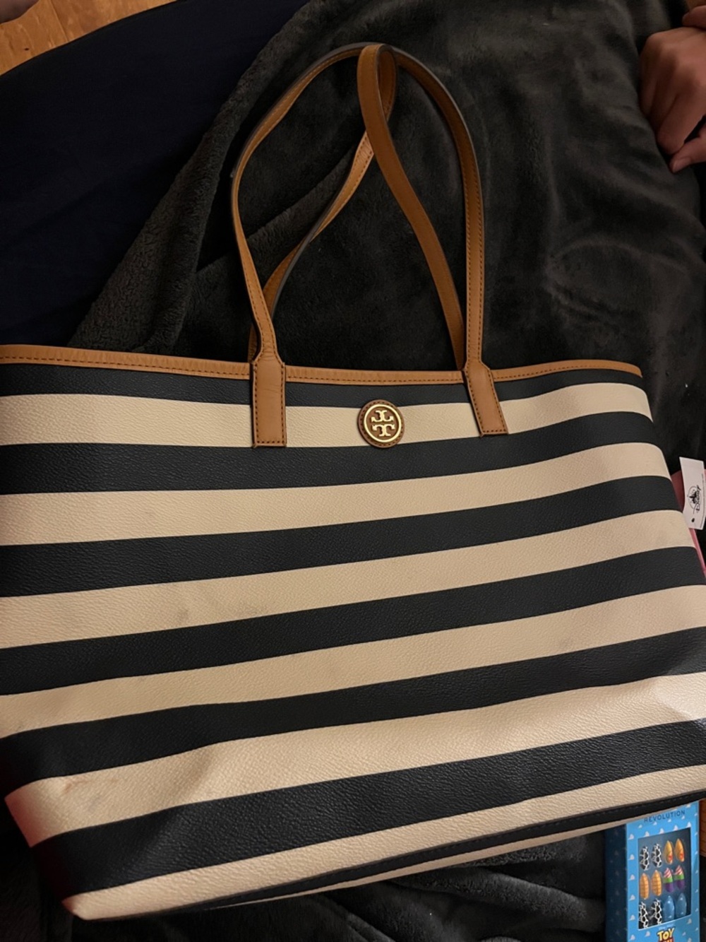 Tory Burch navy and Cream Striped Leather Tote with Tan Handles